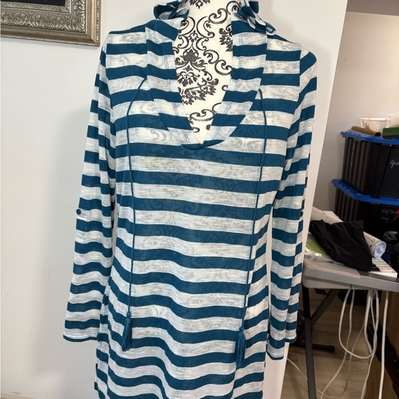 La Vie En Rose Teal and White Striped Swim Coverup - Picture 1 of 6
